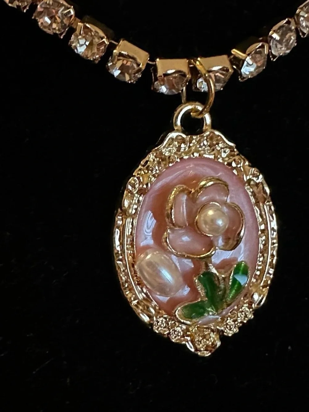 Self made rhinestone chain, pink vintage pearl flower oil painting necklace.